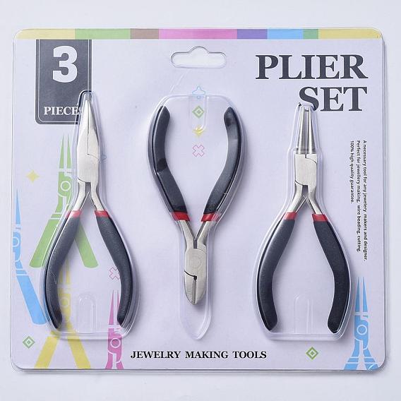 Carbon Steel Jewelry Pliers Sets, Ferronickel, Side Cutter, Round Nose and Chain Nose Pliers, 11~12.5cm, 3pcs/sets