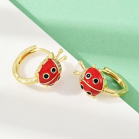 Серьги-кольца с божьей коровкой из латуни с микропаве из кубических цирконий, с эмалью, без кадмия и без свинца, стойки покрытие, долговечный