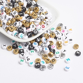 Acrylic Beads, Flat Round with Letter, Mixed Style, 7x3.5mm, Hole: 1mm