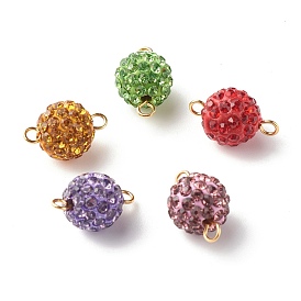 Polymer Clay Rhinestone Beads Links Connectors, with Golden Tone 304 Stainless Steel Loops, Round