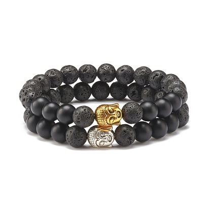 2 pcs 2 bracelets extensibles en pierre de lave naturelle et pierre noire synthétique de couleur avec tête de bouddha, bijoux de pierres précieuses d'huile essentielle pour hommes femmes
