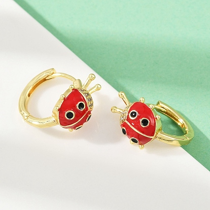 Серьги-кольца с божьей коровкой из латуни с микропаве из кубических цирконий, с эмалью, без кадмия и без свинца, стойки покрытие, долговечный