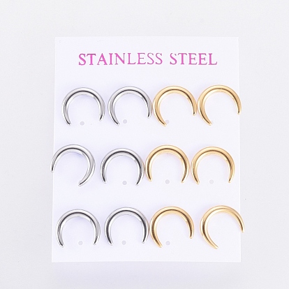 304 Stainless Steel Stud Earrings, Hypoallergenic Earrings, with Ear Nuts, Crescent Moon/Double Horn