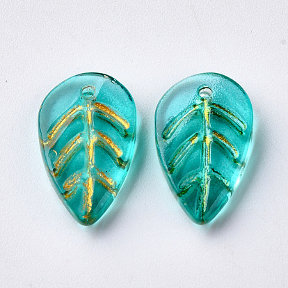 Transparent Spray Painted Glass Pendants, with Glitter Powder, Leaf