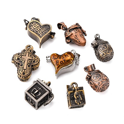 Brass Prayer Box Pendants, Mixed Shapes and Mixed Color, 14~28x9~20x10~20mm, hole: 1.5~5mm