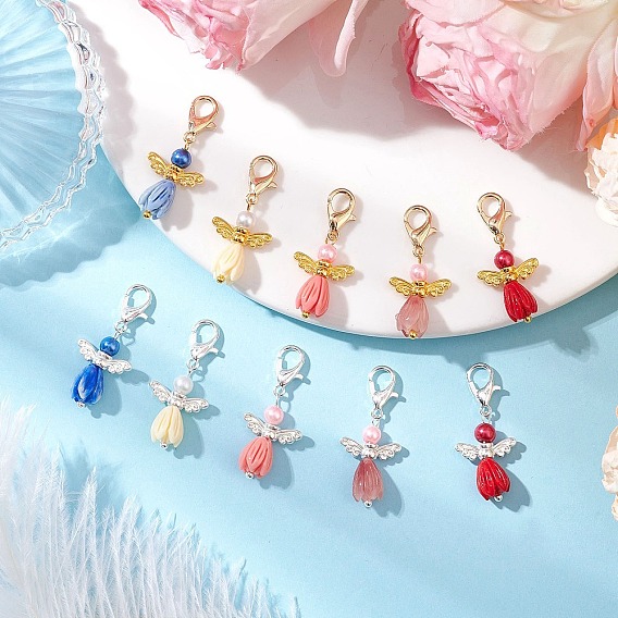 10шт. стеклянный жемчуг и смоляной цветок-роза ангел подвеска украшения, Сплав с застежками когтя омара