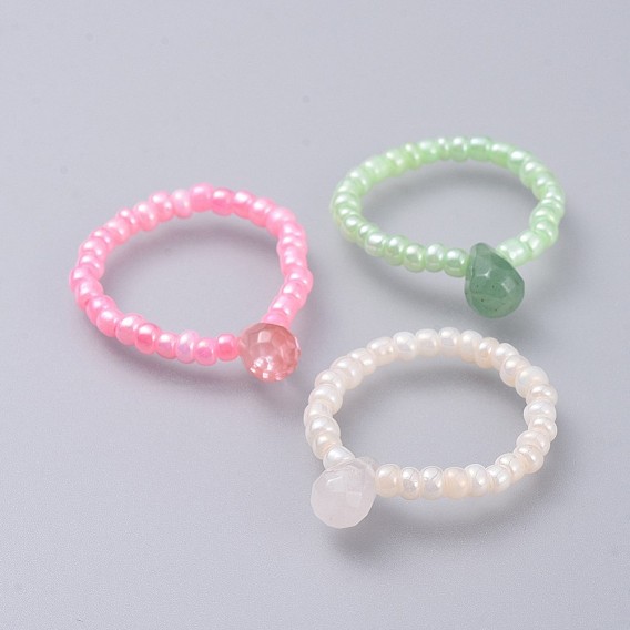 Gemstone Stretch Finger Rings, with Glass Seed Beads, Teardrop