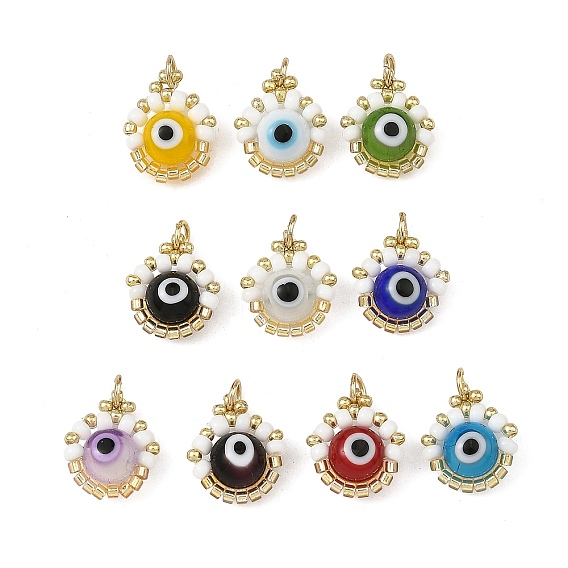 Handmade Lampwork & Glass Seed Beaded Pendants, Evil Eye Charm, with 304 Stainless Steel Open Jump Rings