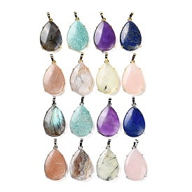  Natural Gemstone Pendants, Brass Teardrop Charms, Cadmium Free & Lead Free