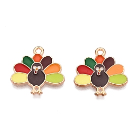 Thanksgiving Day Theme Alloy Enamel Pendants, Light Gold, Lead Free & Cadmium Free, Turkey & Owl & Pumpkin & Tree & Leaf Charm