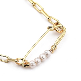 Brass Safety Pin Pendant Necklaces, with Natural Rose Quartz Beads, Shell Pearl Beads, 304 Stainless Steel Toggle Clasps and Cardboard Box