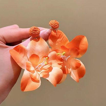 925 Sterling Silver & Raffia & Cloth Stud Earrings for Women, Flower