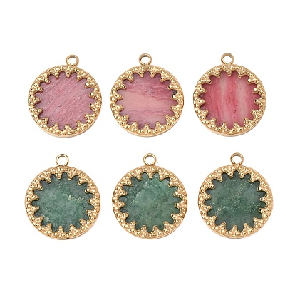 Colgantes de piedras preciosas naturales, 304 Dijes redondos planos con bisel de acero inoxidable, revestimiento de iones (ip), real 14 k chapado en oro