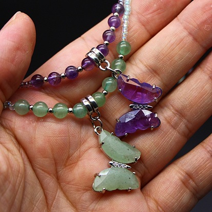 Collares con colgante de mariposa de aleación de piedras preciosas naturales y cuentas de vidrio para mujer., Platino