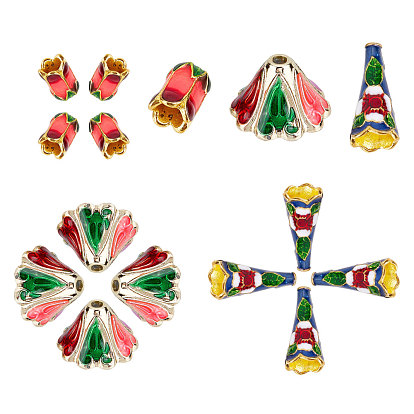 18pcs 3 styles capuchons de perles en alliage d'émail, 4 & 6-pétale, fleur, colorées