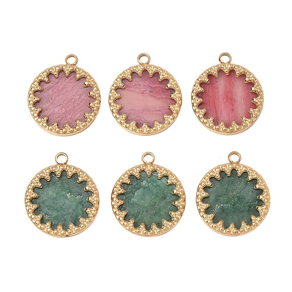 Natural Gemstone Pendants, 304 Stainless Steel Flat Round Bezeled Charms, Ion Plating(IP), Real 14K Gold Plated