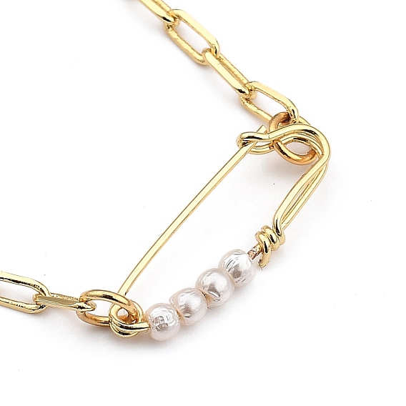 Brass Safety Pin Pendant Necklaces, with Natural Rose Quartz Beads, Shell Pearl Beads, 304 Stainless Steel Toggle Clasps and Cardboard Box