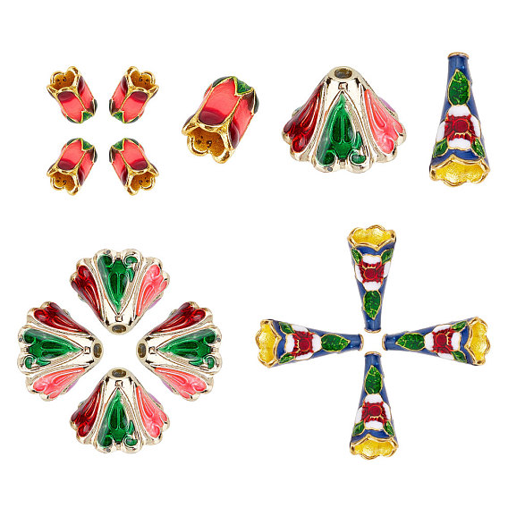 18pcs 3 styles capuchons de perles en alliage d'émail, 4 & 6-pétale, fleur, colorées