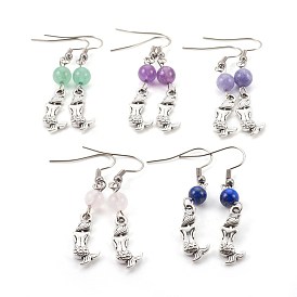 Natural Gemstone Dangle Earrings, with Alloy and 304 Stainless Steel Earring Hooks, Mermaid, Antique Silver & Stainless Steel Color
