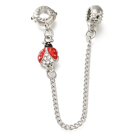 Perles européennes en alliage émaillé avec chaînes de sécurité, perles à gros trous coccinelle avec strass en cristal