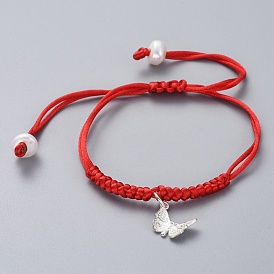 Bracelets de perles tressées réglables, avec des fils de nylon, perles naturelles d'eau douce et breloques en argent sterling 925, des boîtes en carton, papillon