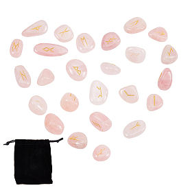 Gorgecraft 25 piezas de cuentas de cuarzo rosa natural, piedra caída, piedras curativas para equilibrar los chakras, terapia con cristales, meditación, reiki, pepitas talladas con runas / futhark / futhorc, sin agujero / sin perforar