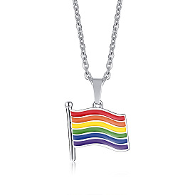 Rainbow Color Pride Flag Enamel Pendant Necklace, Stainless Steel Jewelry for Women
