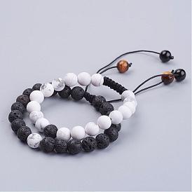 Bracelets de perles rondes en pierre de lave naturelle et howlite pour hommes, Bracelets à talons tressés, avec oeil de tigre naturel & pierre noire synthétique