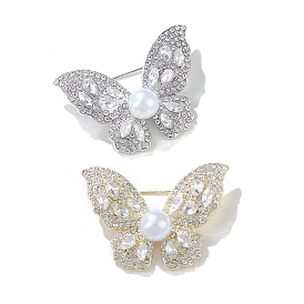 Alloy Brooch, Rhinestone and Imitation Pearl Lapel Pin, Butterfly