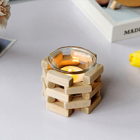 Octagon Wood Brick Votive Candle Holder, Tealight Candlesticks, with Glass Cup