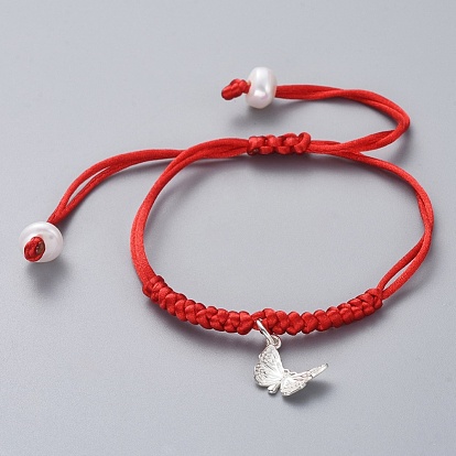Bracelets de perles tressées réglables, avec des fils de nylon, perles naturelles d'eau douce et breloques en argent sterling 925, des boîtes en carton, papillon