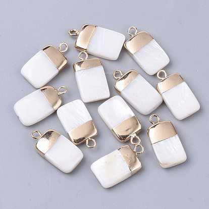 Electroplate Freshwater Shell Pendants, for DIY Jewelry Making, with Top Golden Plated Brass Loops and Half Drilled, Rectangle