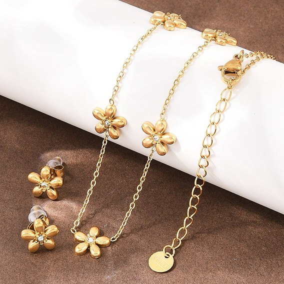 Цветок 304 комплекты из ожерелий и серег-гвоздиков из нержавеющей стали со стразами для женщин, ионное покрытие (ip)