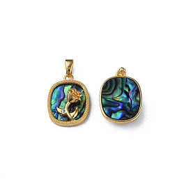 Brass Micro Pave Clear Cubic Zirconia Pendants, with Synthetic Abalone Shell/Paua Shell, Real 18K Gold Plated, Nickel Free, Oval with Rose