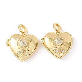 Экологически чистые подвески-медальоны из латуни с микропаве из прозрачного кубического циркония, долговечный, без свинца и без кадмия, сердце с подсолнухом