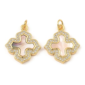 Brass Cubic Zirconia with Shell Pendants, Long-Lasting Plated, Lead Free & Cadmium Free, Cross