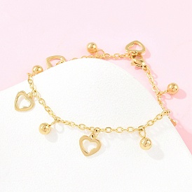 304 Браслеты из нержавеющей стали, сердце, с 201 стальными бусинами, ионное покрытие (ip)