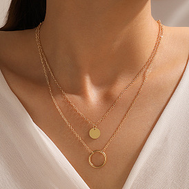 Minimalist Double Layered Metal Disc Necklace with Geometric Circle Rings