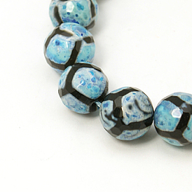 Tibetan Style Turtle Back Pattern dZi Beads, Natural Agate, Dyed, Faceted, Round