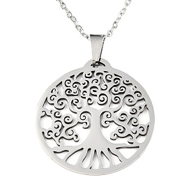  201 Stainless Steel Pendants Necklaces, with Cable Chains and Lobster Claw Clasps, Flat Round with Tree