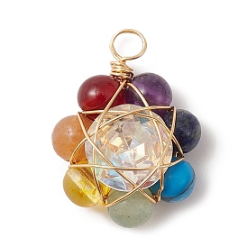 7 Chakra Gemstone Flower Pendants, Golden Plated Copper Wire Wrapped Glass Charms, Mixed Dyed and Undyed