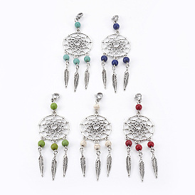 Окрашенные синтетической бирюзы большие кулоны, с выводами из тибетского сплава и 304 застежками из лобстера, тканая сеть / паутина с пером