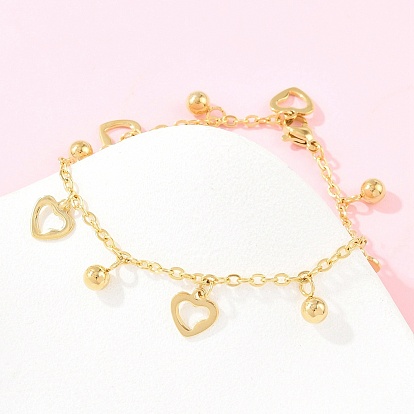304 Браслеты из нержавеющей стали, сердце, с 201 стальными бусинами, ионное покрытие (ip)