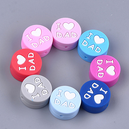 Food Grade Eco-Friendly Silicone Focal Beads, Flat Round with Word I Love Dad