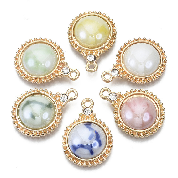 Porcelain Pendants, with Light Gold Plated Brass Findings and Crystal Rhinestone, Half Round