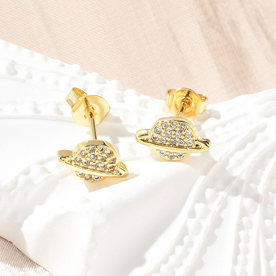 Серьги-гвоздики из латунного микро-паве, стойки покрытие, без свинца и без кадмия, планета