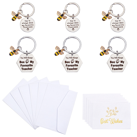 6 шт 2 стиль день учителя фраза пчелы брелки подвеска, с 6шт бумажной поздравительной открыткой и 6шт цветными пустыми бумажными мини-конвертами