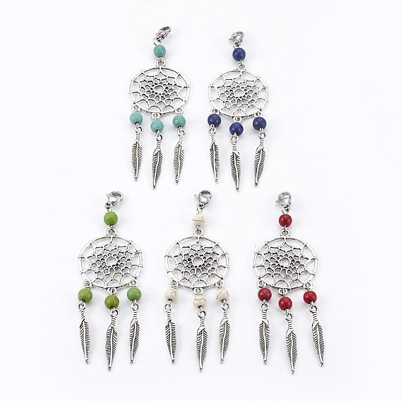 Окрашенные синтетической бирюзы большие кулоны, с выводами из тибетского сплава и 304 застежками из лобстера, тканая сеть / паутина с пером