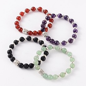 Trendy Natural Gemstone Beaded Stretch Bracelets, with Tibetan Style Antique Silver Alloy Beads, 57mm