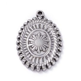 304 Stainless Steel Pendants,  Oval with Flower